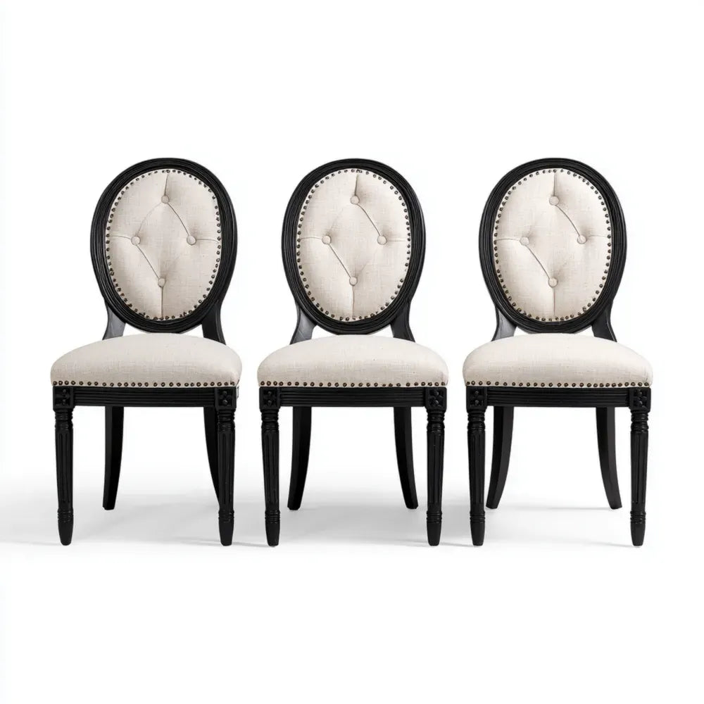 Dining Chairs Set of 3 - Linen Upholstered - 48x56x97 cm - Black Frame - Classic Design